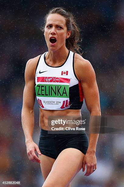 Jessica Zelinka of Canada reacts after jump in the Women's Heptathlon high jump at Hampden Park during day six of the Glasgow 2014 Commonwealth Games...