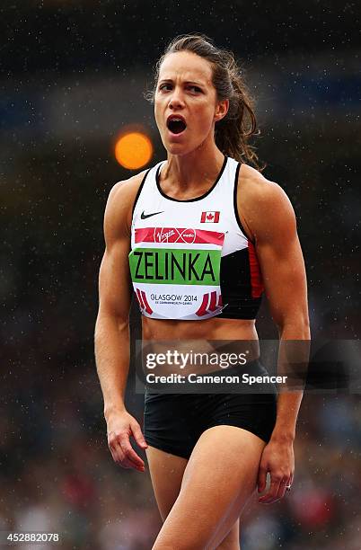 Jessica Zelinka of Canada reacts after a jump in the Women's Heptathlon high jump at Hampden Park during day six of the Glasgow 2014 Commonwealth...