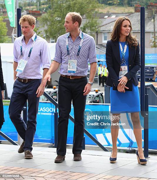 Prince Harry, Prince William, Duke of Cambridge and Catherine, Duchess of Cambridge arrive at Hampden Park for the athletics on day six of the...