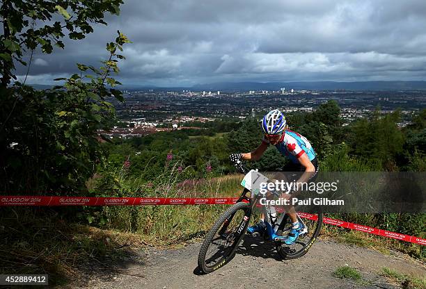 Catharine Pendrel of Canada rides on her way to winning the Gold Medal in the Women's Cross Country Mountain Biking at Cathkin Braes Mountain Bike...