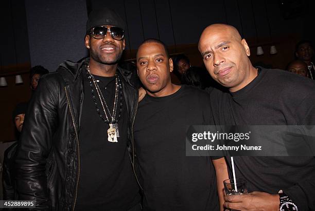 LeBron James, Jay-Z, and OG Juan Perez attend Jay-Z's Official Madison Square Garden Concert After Party at the 40 / 40 Club on March 2, 2010 in New...