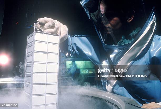 Research inside the containment laboratory for high-level biohazard in 'Centers for Disease Control', circa 1990 in Atlanta, Georgia, United States....