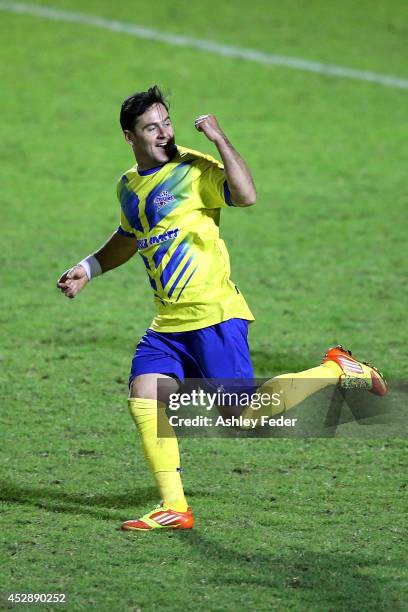 Jonathan Richter of the Strikers celebrates a goal during the FFA Cup match between Broadmeadow and Brisbane Strikers at Wanderers Oval on July 29,...