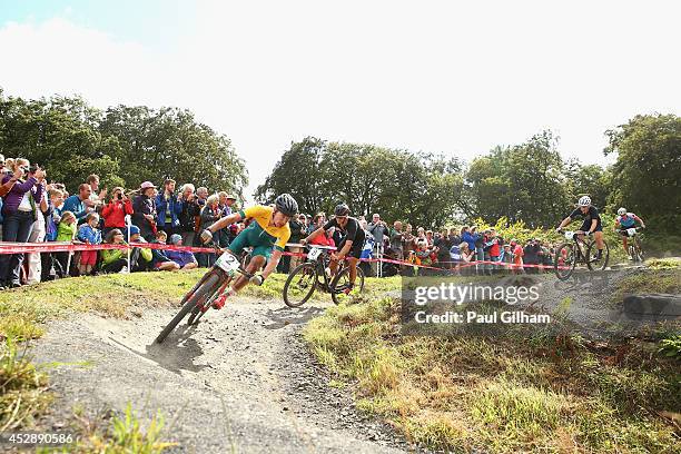 Daniel McConnell of Australia in action in the Men's Cross Country Mountain Biking at Cathkin Braes Mountain Bike Trails during day six of the...