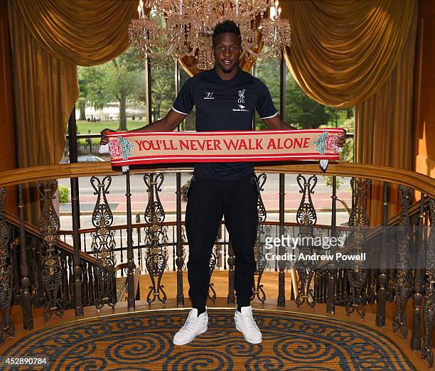 New signing of Liverpool Divock Origi poses for a photograph as he is unveiled on July 29, 2014 in Boston, Massachusetts.