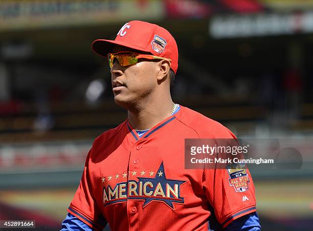 American League All-Star Salvador Perez of the Kansas City Royals looks on prior to the start of the 85th MLB All-Star Game at Target Field on July...