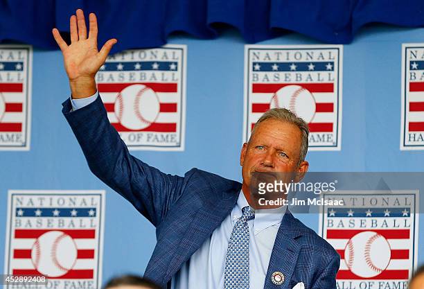 Hall of Famer George Brett is introduced during the Baseball Hall of Fame induction ceremony at Clark Sports Center on July 27, 2014 in Cooperstown,...