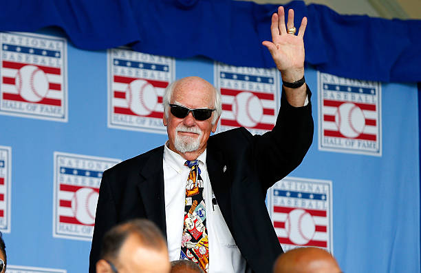 Hall of Famer Gaylord Perry is introduced during the Baseball Hall of Fame induction ceremony at Clark Sports Center on July 27, 2014 in Cooperstown,...