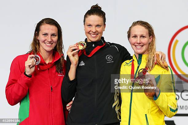 Gold medallist Lauren Boyle of New Zealand poses with silver medallist Jazz Carlin of Wales and bronze medallist Bronte Barratt of Australia during...