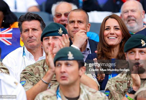 Lord Sebastian Coe and Catherine, Duchess of Cambridge watch the athletics at Hampden Park during the 20th Commonwealth Games on July 29, 2014 in...