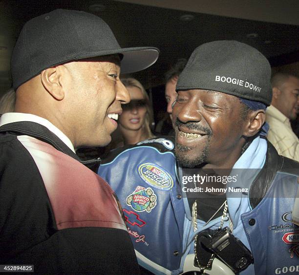 Russell Simmons and Flavor Flav during Phat Farm Party for Magic 06 - February 22, 2006 at Palm Hotel Hard wood Suite in Las Vegas, Nerevada, United...