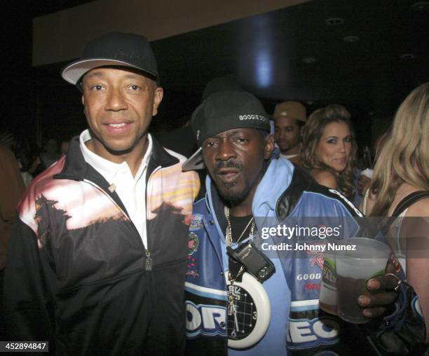 Russell Simmons and Flavor Flav during Phat Farm Party for Magic 06 - February 22, 2006 at Palm Hotel Hard wood Suite in Las Vegas, Nerevada, United...