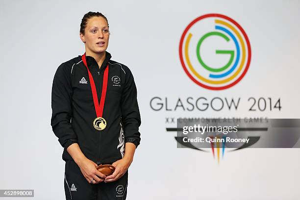 Gold medallist Sophie Pascoe of New Zealand stands on the podium during the medal ceremony for the Women's 200m Individual Medley SM10 Final at...