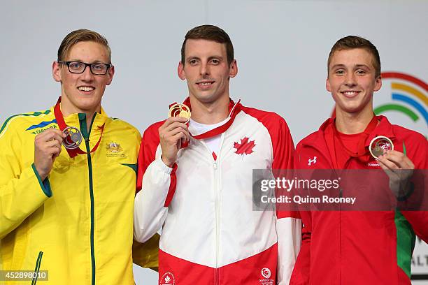 Gold medallist Ryan Cochrane of Canada poses with silver medallist Mack Horton of Australia and bronze medallist Daniel Jervis of Wales during the...