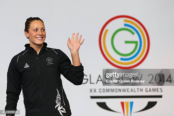 Gold medallist Sophie Pascoe of New Zealand stands on the podium during the medal ceremony for the Women's 200m Individual Medley SM10 Final at...