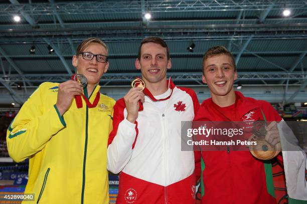 Gold medallist Ryan Cochrane of Canada poses with silver medallist Mack Horton of Australia and bronze medallist Daniel Jervis of Wales after the...