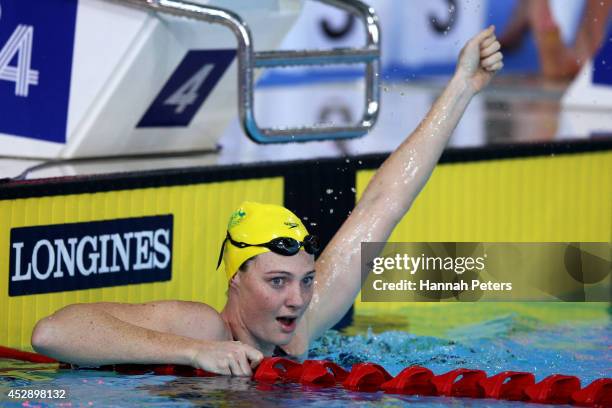 Cate Campbell of Australia celebrates winning the gold medal in the Women's 4 x 100m Medley Relay Final at Tollcross International Swimming Centre...