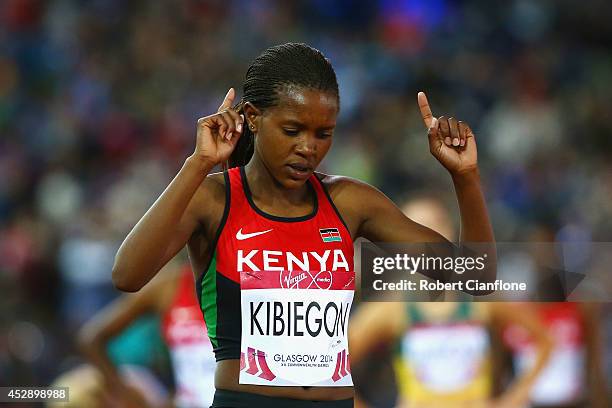 Faith Kibiegon of Kenya celebrates winning gold in the Women's 1500 metres final at Hampden Park during day six of the Glasgow 2014 Commonwealth...