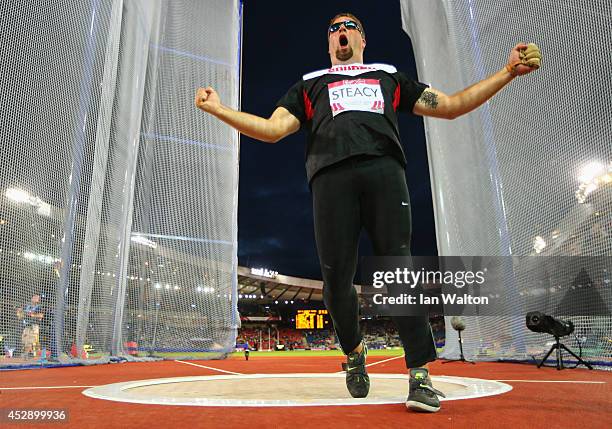 Jim Steacy of Canada celebrates as he wins gold in the Men's Hammer final at Hampden Park during day six of the Glasgow 2014 Commonwealth Games on...