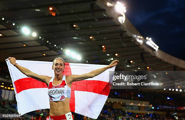 Laura Weightman of England celebrates winning silver in the Women's 1500 metres final at Hampden Park during day six of the Glasgow 2014 Commonwealth...