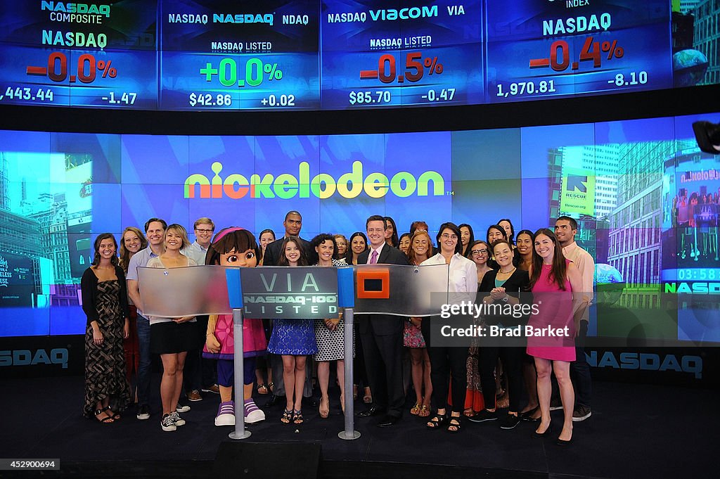 Fatima Ptacek, Voice Of Dora In Nickelodeon's "Dora And Friends: Into The City" And Teri Weiss Ring The NASDAQ Stock Market Closing Bell In Times Square