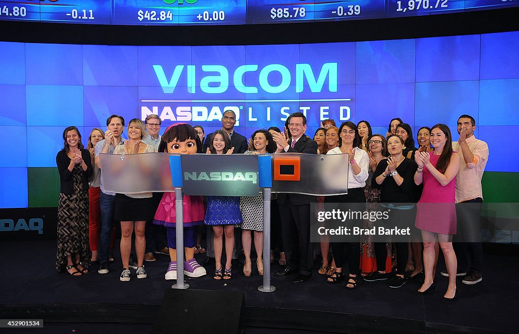 Fatima Ptacek, Voice Of Dora In Nickelodeon's "Dora And Friends: Into The City" And Teri Weiss Ring The NASDAQ Stock Market Closing Bell In Times Square