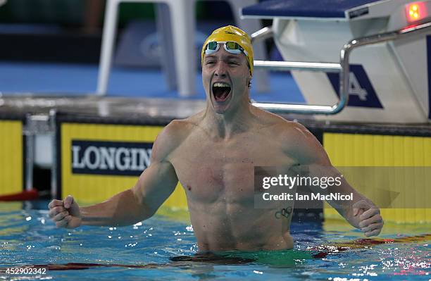 Australia's Daniel Tranter celebrates winning the Men's 200m IM at Tollcross International Swimming Centre during day six of the Glasgow 2014...