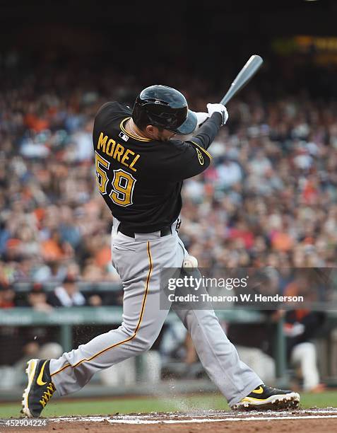 Brent Morel of the Pittsburgh Pirates bats against the San Francisco Giants at AT&T Park on July 28, 2014 in San Francisco, California.