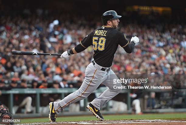 Brent Morel of the Pittsburgh Pirates bats against the San Francisco Giants at AT&T Park on July 28, 2014 in San Francisco, California.