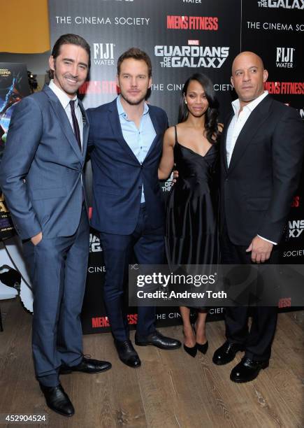 Actors Lee Pace, Chris Pratt, Zoe Saldana and Vin Diesel attend The Cinema Society with Men's Fitness & FIJI Water host a screening of "Guardians of...