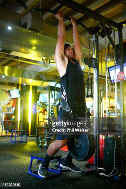 Steven Luatua of the All Blacks trains during a gym session at Les Mills Takapuna on July 30, 2014 in Auckland, New Zealand.