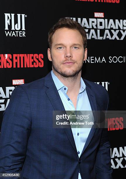 Actor Chris Pratt attends The Cinema Society with Men's Fitness & FIJI Water host a screening of "Guardians of the Galaxy" on July 29, 2014 in New...