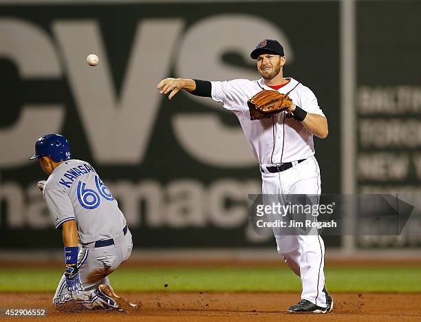Stephen Drew of the Boston Red Sox attempts a double play as Munenori Kawasaki of the Toronto Blue Jays is out at second base in the sixth inning at...