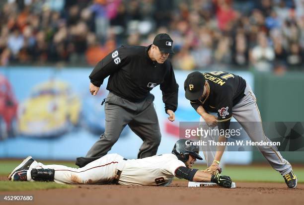 Gregor Blanco of the San Francisco Giants slides into second base with a double, beating the tag of Jordy Mercer of the Pittsburgh Pirates in the...