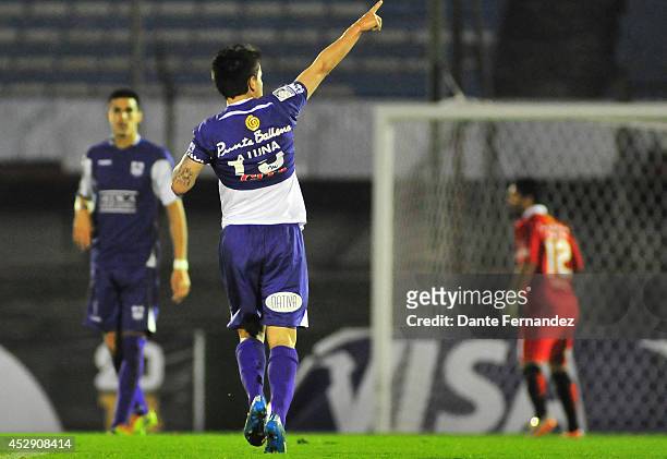 Adrián Luna of Defensor Sporting celebrates after scoring the opening goal during a second leg semifinal match as part of and Copa Bridgestone...
