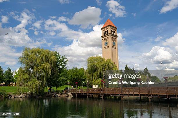 Washington State, Spokane, Riverfront Park With Clock Tower In Background.