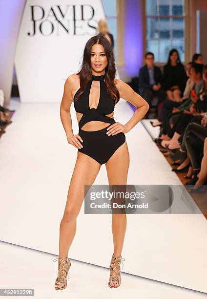 Jessica Gomes showcases designs by Jets during a rehearsal ahead of the David Jones Spring/Summer 2014 Collection Launch at David Jones Elizabeth...