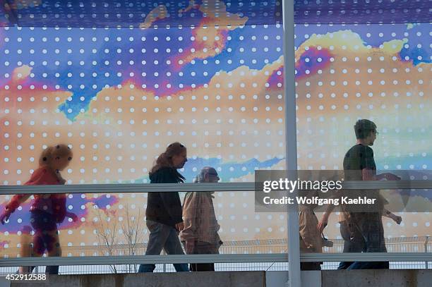 Washington State, Seattle, Olympic Sculpture Park, Seattle Cloud Cover, Glass Bridge By Teresita Fernandez, People.