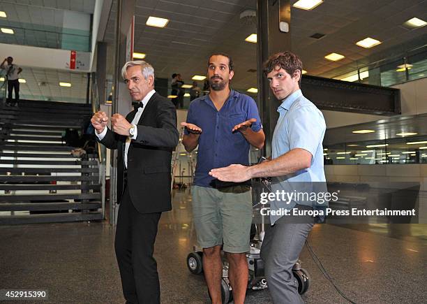 Imanol Arias, Movie director Javier Ruiz Caldera and Quim Gutierrez pose on the set of their latest movie 'Anacleto, Agente Secreto' being filmed at...