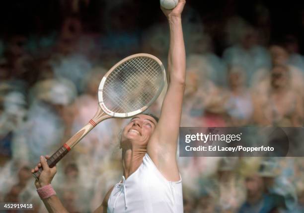 Virginia Wade of Great Britain in action at Wimbledon, circa June 1975. Wade lost in the Quarter-finals.