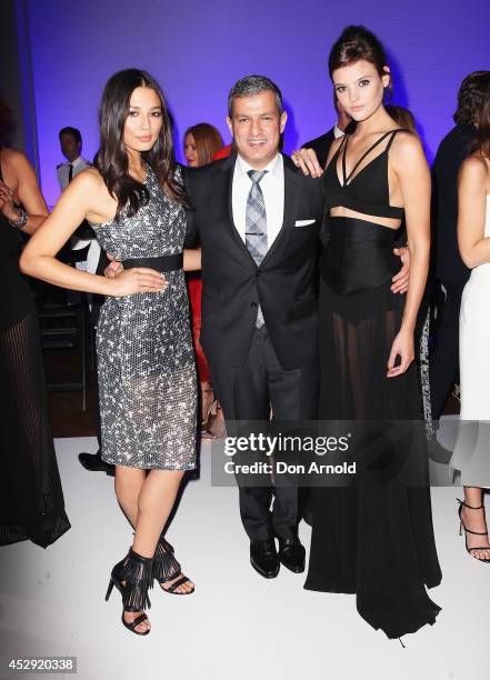 Jessica Gomes, Paul Zahra and Montana Cox pose after the David Jones Spring/Summer 2014 Collection Launch at David Jones Elizabeth Street Store on...