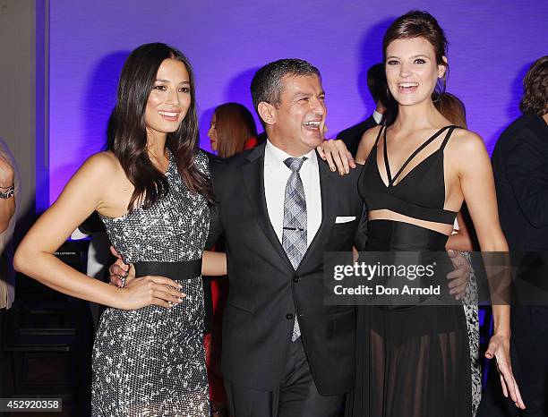 Jessica Gomes, Paul Zahra and Montana Cox pose after the David Jones Spring/Summer 2014 Collection Launch at David Jones Elizabeth Street Store on...