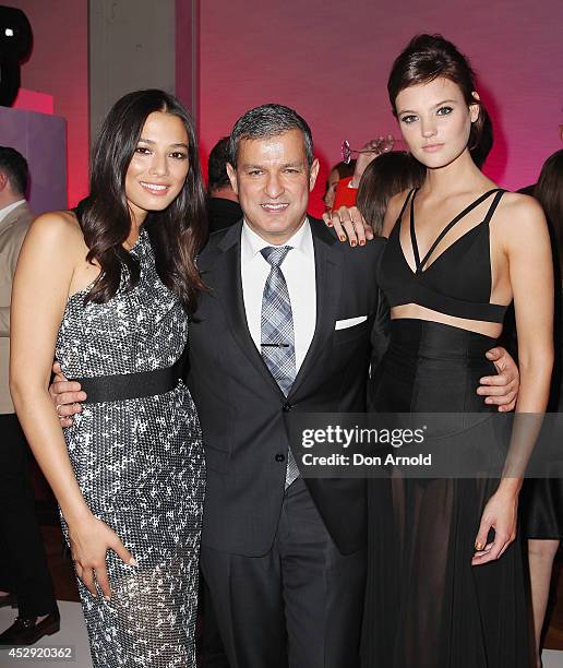 Jessica Gomes, Paul Zahra and Montana Cox pose after the David Jones Spring/Summer 2014 Collection Launch at David Jones Elizabeth Street Store on...