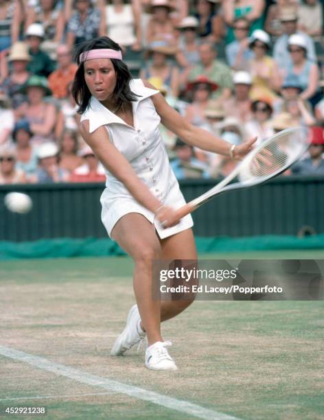 Rosemary Casals of the United States in action at Wimbledon on 28th June 1976. She lost in the Women's Singles Quarter-finals and also lost in the...