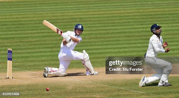 England batsman Gary Ballance goes on the attack during day four of the 3rd Investec Test match between England and India at Ageas Bowl on July 30,...