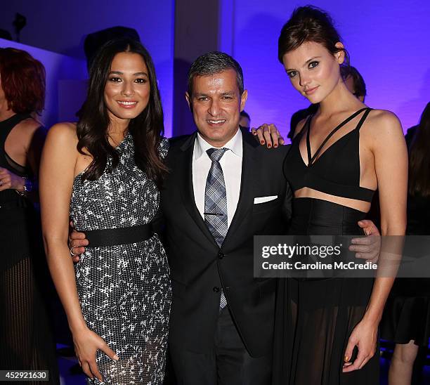 Jessica Gomes, Paul Zahra and Montana Cox pose after the David Jones Spring/Summer 2014 Collection Launch at David Jones Elizabeth Street Store on...