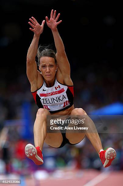 Jessica Zelinka of Canada competes in the Women's Heptathlon Long Jump at Hampden Park during day seven of the Glasgow 2014 Commonwealth Games on...