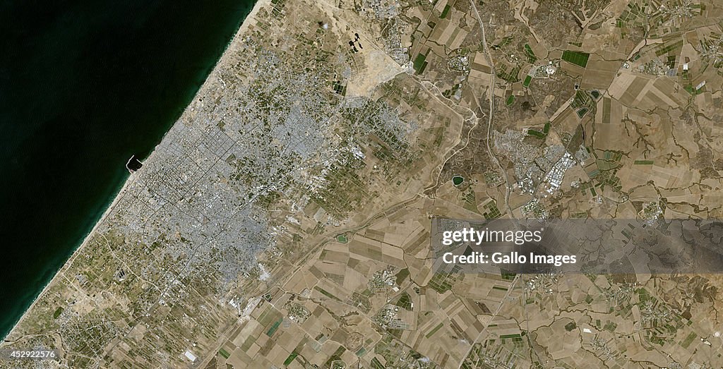 A Shortwave Infrared satellite image covering most of Gaza up till an
