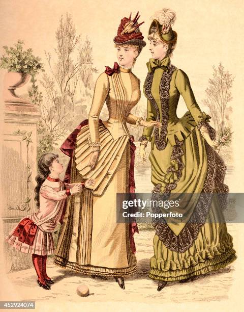 French vintage fashion illustration featuring two stylish ladies and a little girl wearing day dresses in a parkland setting, published in Paris,...