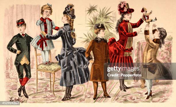 French vintage fashion illustration featuring six children of various ages in an ornate parlour, published in Paris, circa December 1885.